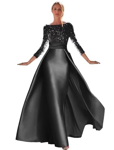 Sequin Satin Prom Dress Long Sleeve Ball Gowns Boat Neck A Line Formal Evening Gown for Women with Skirt