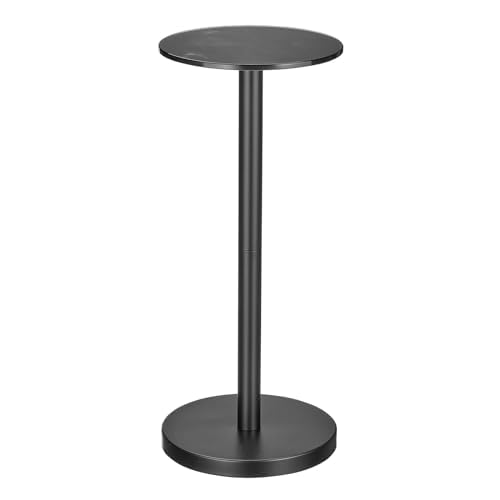 mDesign Getränketisch mit Glasplatte – kleiner, moderner runder Akzent, Metall-Nachttisch, Möbel für Wohnzimmer, Schlafsaal, Heimbüro und Schlafzimmer – 22,9 cm rund – schwarzer Marmor/schwarzer Druck