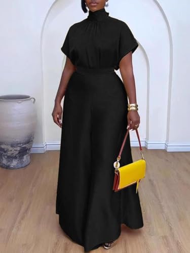 Ptorlio Elegant Women 2 Piece Outfit Satin Wide Leg Pants Short Sleeve Blouses Going Out Set2