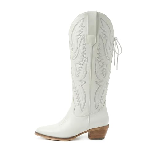 Image of Uillnoodu Wide Calf Cowboy Boots Women Adjustable Lace Up Knee High Tall Plus Size Cowgirl Boots Western Style Comfortable 2-Inch Heel