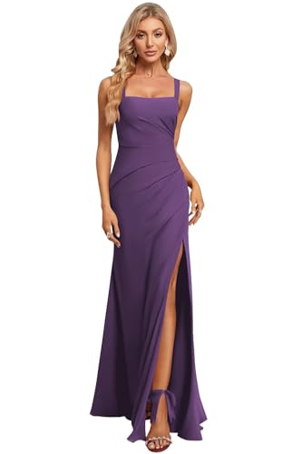Tukomu Women's Chiffon Mermaid Bridesmaid Dresses with Straps Square Neck Sleeveless Purple Formal Evening Dress Size 16