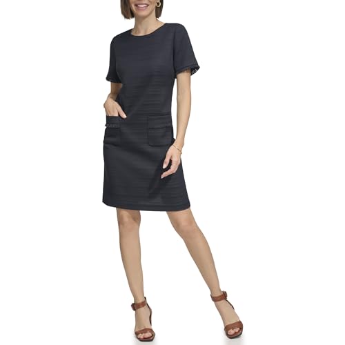 Image of Tommy Hilfiger Women's Pleated Trim Short Sleeve High Neck Shift Mini Dress