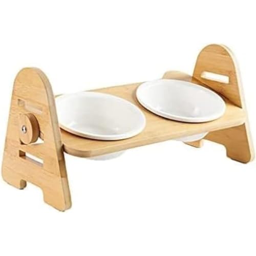 Quirix猫犬食器ペットボウル台 フードボウルネコボウルねこエサ入れ 滑り止め 皿スタンド ねこ給食 小型犬セラミックフード用スタンド高度調整竹製 ねこ ご飯台 陶製 フードボウル ダブル 餌入れ (ナチュラル,2つの陶器ボウル)