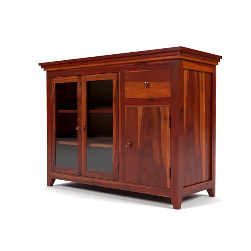 Image of Solid Sheesham Wood Kitchen Cabinet with Acrylic Glass Door, Storage Cabinet Racks, Home Kitchen Furniture, Crockery Rack, Display Unit, Wooden Chest of Drawers, (Honey Finish)