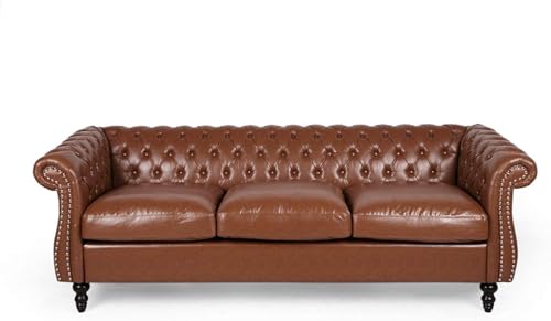 Image of Modern and Stylish 3 Seater Chesterfield Luxury Sofa with Valvet and Fabric Comfortable Sofa for Living Room, Dining Room, Hallway, and Office-(Brown).