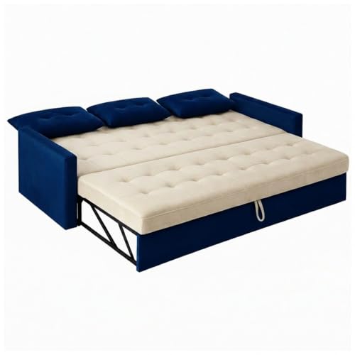 Image of FURNY Tressa 3 Seater Fabric Pull-Out Sofa Cum Bed Function (Dark Blue-Cream) | Luxury Velvet Suede Finish | Durable Comfort Sofa Bed for Modern Living Room & Office Spaces