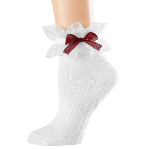 BIVOLU Womens Ankle Socks Lace Ruffle Frilly Cotton Cute Princess Ankle Dress Lace Socks for Girl 1 Pack