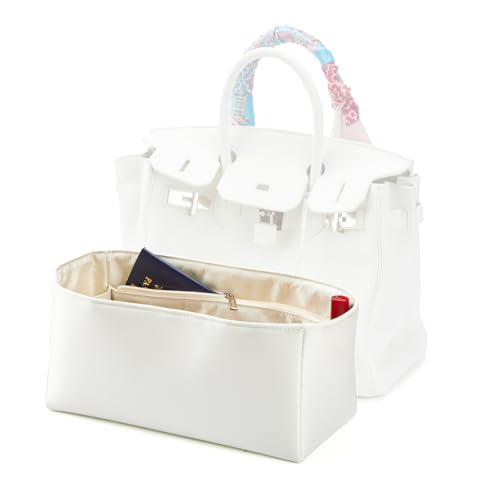 Volcuna Universal Silk Purse Organizer Insert for Hermes Birkin Lindy 35 with Multiple Compartments and Zipper Pocket (Pearl White, 35)