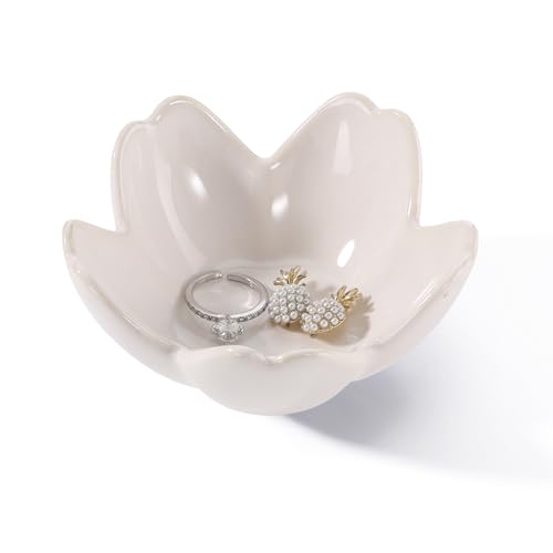 Image of Flower Ring Dish Holder,Jewelry Dish Tray,Small Trinket Tray,Jewelry Plate Bowl,Key Bowl,Decorative Plate,Birtdhay Christmas Gifts for Women Friends,Ceramic Kiln effect White