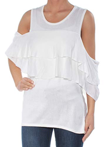 Calvin Klein Womens White Ruffled Cold Shoulder Short Sleeve Scoop Neck Tunic Evening Top Size XS