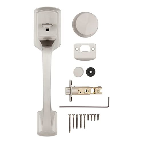 Image of Kwikset Prague Front Door Handle No Lock, Entry Handleset Exterior with Interior Door Knob, Non-Locking, Satin Nickel, Deadbolt Not Included, with Microban Protection
