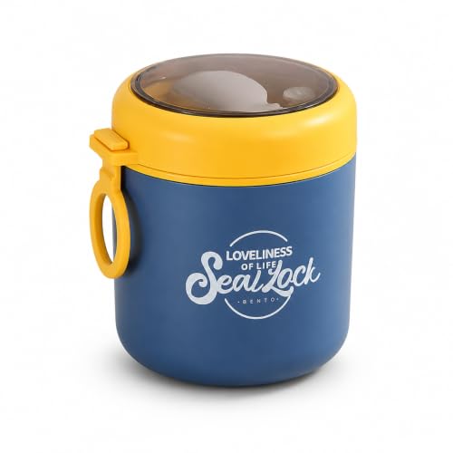 Image of Insulated Stainless Steel 1060ml Lunch Box with 350ml Tumbler | Leakproof Hot Cold Food Container | BPA-Free Cute Tiffin Box for Kids, School, Office, Travel, Picnic (Blue + Yellow)
