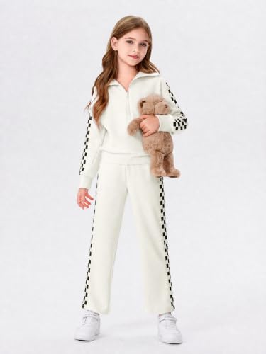 Image of Haloumoning Girls Sweatsuit 2 Piece Zip Long Sleeve Sweat Outfits | Half Zip,Waist drawstring,girls tracksuit