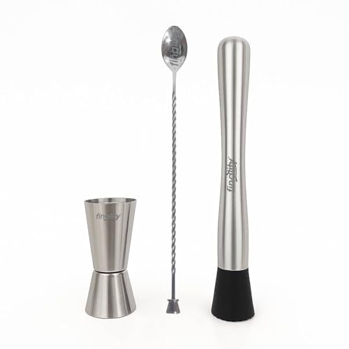 Image of finality Mojito Muddler Bar Tool Set, 3 PCS Cocktail Set Mixing Tools Stainless Steel Cocktail Muddler with Cocktail Spoon Long Handle and Jigger for Mojitos Fruit Drinks (Stirrer Spoon Set)