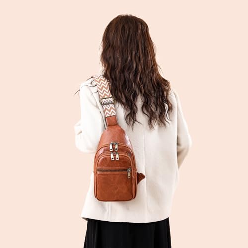 Image of FAYBA Small Sling Bag for Women Crossbody Fanny Pack, PU Leather Wide Guitar Strap Chest Sling Backpack Purse Brown