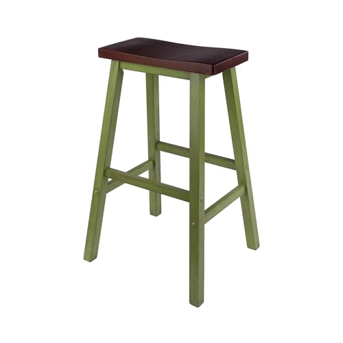 Image of Winsome Satori Saddle Seat 29in Bar Stool, Rustic Green and Walnut