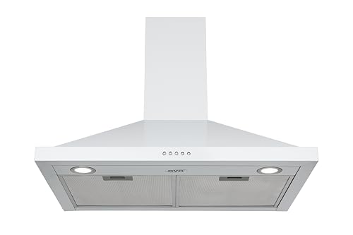 OVO OV-2007WH - Ventilador de escape de 30 pulgadas con montaje en pared de 3 velocidades, botón pulsador, cocina, campana de ventilación convertible sin conductos, estilo chimenea pirámida, 450 CFM