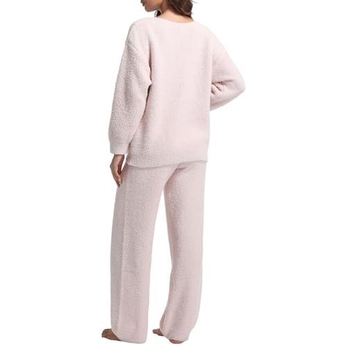 2 Piece Fleece Pajamas for Women Sets V-Neck Outfits Sweater Womens Long Sleeve Fuzzy Loungewear Pajama Set3