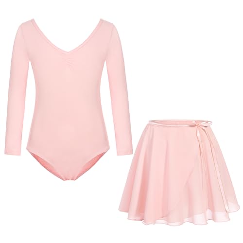 FONLAM Vestido Maillot de Ballet Danza para Niña Maillot Gimnasia Manga Larga Falda Ballet Tutú Leotardo de Baile (4-5 Años, Rosa)