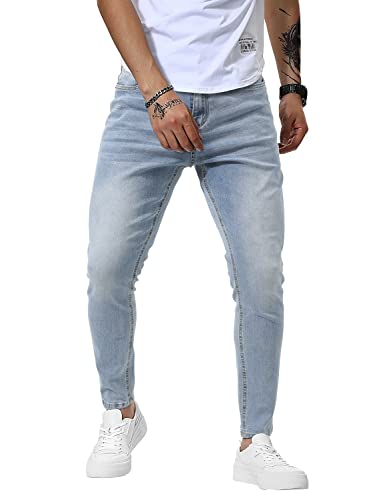Woenzaia Slim Fit Jeans for Men Light Blue Stretch Distressed Jeans Skinny Tapered Leggings Denim Jeans Tight Jean Pants