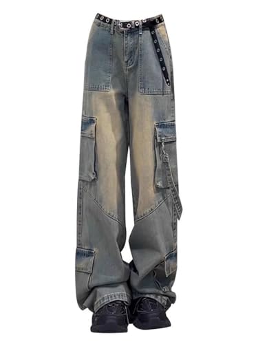 CEINOM Female Jean Spliced Pockets Cargo Pants Washed Denim High Waist Full Length Loose Solid Jeans2