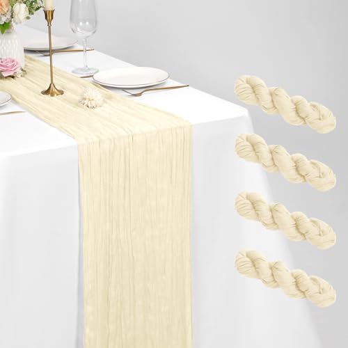 Lot de 4 Chemins de Table en Étamine, Chemin de Table Bohème en Gaze de 55 x 300 cm, Tissu Rustique en Gaze pour Mariages Festivals Remises de Diplôme Dîners Fêtes...