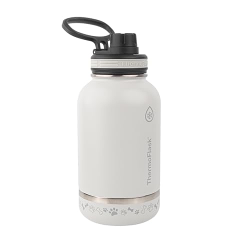 Thermoflask Double Wall Vacuum Insulated Stainless Steel Water Bottle for Pets, Dogs, Cats, Removable Bowl, 1 Quart, 32 Ounce, Ultimate Grey