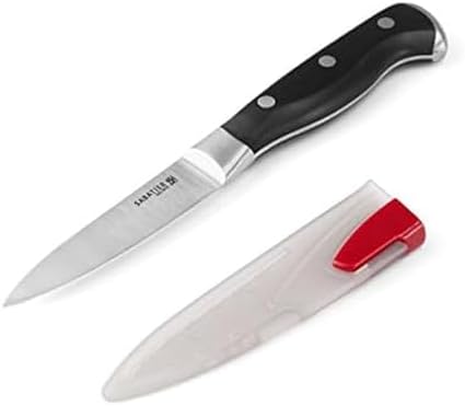 Sabatier Forged Triple-Rivet Paring Knife with Self-Sharpening Blade Cover, High-Carbon Stainless Steel, Razor-Sharp Kitchen Knife to Cut Fruit, Vegetables and more-3.5-Inch, Black