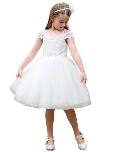 ABAO SISTER White Floral Lace Tulle Cold Shoulder Spaghetti Straps Short Dresses for Girls