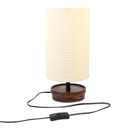 Image of Lexton 13 Inch Textured Fabric Shade Table Lamp with Wooden Base | Modern Cylindrical Bedside Lamp for Living Room, Bedroom, Study Table & Home Decor | Soft Ambient Lighting | Bulb Not Included