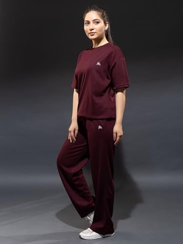 Image of YHA Oversize Round Neck Girls Track Suit Stylish Summer Half Sleeves Womens Cord Set With Full Pant Lightweight Polycotton Fabric Co-ord Sets For Women