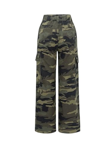 OYOANGLE Girl's Camo Print Cargo Pants Flap Pocket Mid Waist Wide Leg Casual Jeans2