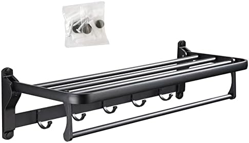 Hoopever 24 Inch Foldable Towel Rack for Bathroom with Hooks Towel Bar, Adjustable Bathroom Lavatory Towel Shelf Wall Mounted, Space Aluminum, Black