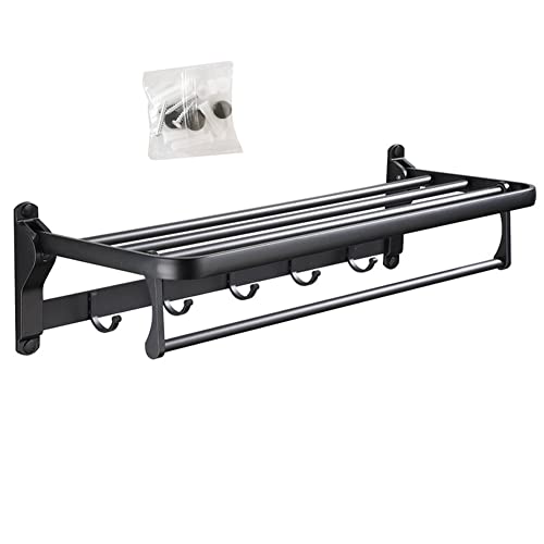 Hoopever 24 Inch Foldable Towel Rack For Bathroom With Hooks Towel Bar, Adjustable Bathroom Lavatory Towel Shelf Wall Mounted, Space Aluminum, Black #TOP3