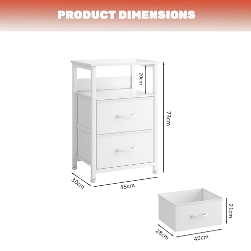 طاولة جانبية مكونة من 3 طبقات مع 2 درج من القماش ورف مفتوح من جوبيستري، طاولة بجانب السرير، طاولة جانبية للقهوة لغرفة المعيشة وغرفة النوم، مقاس 45 × 30 × 73 سم، (أبيض)