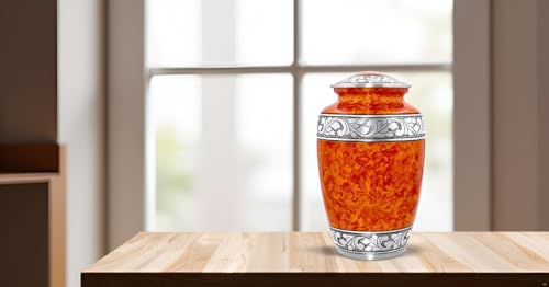 Image of Cremation Urn for Human Ashes Adult - Handcrafted Aluminum Funeral Urn with Silver Engraved Border | Large 200 Cu in Burial Urn for Ashes | Decorative Memorial Urn with Velvet Bag - Antique Finish