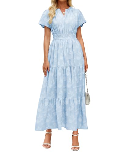 Image of Women's Maxi Dresses Boho Burnout V Neck Short Puff Sleeve Smocked Empire Waist Long Wedding Guest Semi Formal Dress Pockets