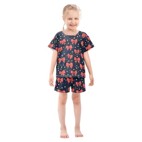 ALAZA Red Bow Star Blue Pajamas Set Short Sleeve Cotton Sleepwear Summer Pjs 2 Piece 5-14Y3