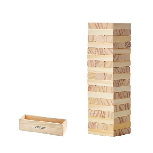 VEVOR Juego de Torre de Madera de Pino con 54 Bloques, Cajón de Almacenamiento, Altura de Apilamiento Estándar de 27 cm, Juego Familiar de Apilamiento de Madera para Interiores y Exteriores