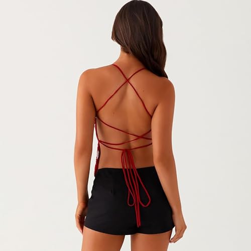 Women Summer Sequin Halter Top Open Back Embellished Tank Top Sleeveless Backless V Neck Camisole Going Out Crop Top2