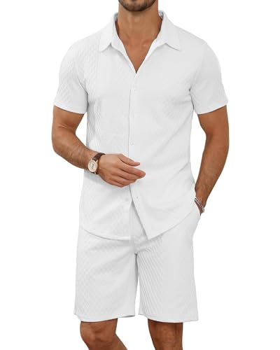 MLANM Men's 2 Piece Outfit Summer Short Sleeve Button Down Shirts and Shorts Sets with Pockets