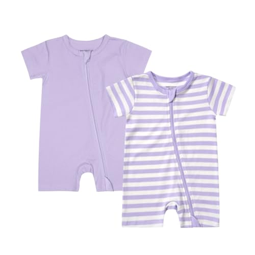 Image of Teach Leanbh Unisex Baby 2 Pack Pajamas Cotton Short Sleeve 2 Way Zipper Stripe Soild Romper Jumpsuit Sleep and Play