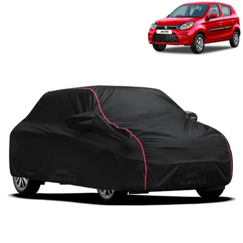 Image of Waterproof Car Cover for Maruti Suzuki Alto 800 | All-Weather Protection, Dustproof & UV Resistant | Triple Stitched Mirror Pockets, Windproof Buckle Strap with Elastic Hem, Black-Red Piping
