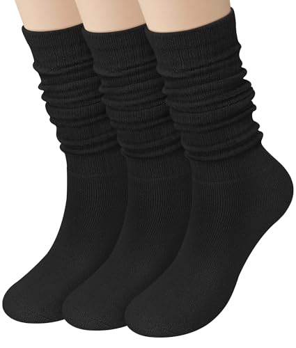 Chalier 3 Pairs Wool Socks for Women Winter Slouchy Boot Socks Thick Warm Long Hiking Scrunch Crew Sock, Pack Black