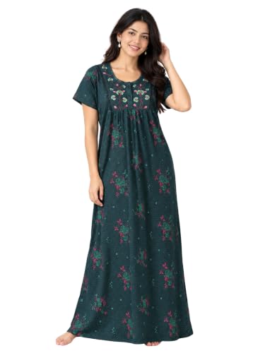 Image of 9shines Label Stylish Cotton Blend Embroidered Maxi Nightdress for Women with Pocket| Full Length Nightwear| Premium Nightdress| Comfortable Nightwear(5256)