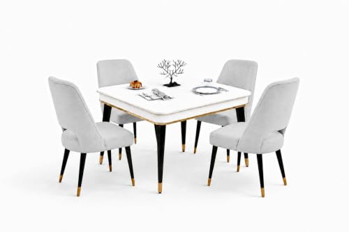 Image of WOODEN SPACE 4 Seater Wooden Dining Table Set | Urban Marble Top Dining Table with Chairs for Dining Room & Kitchen (Modern Vintage Light Grey) (42 x 42 x 30 inch)