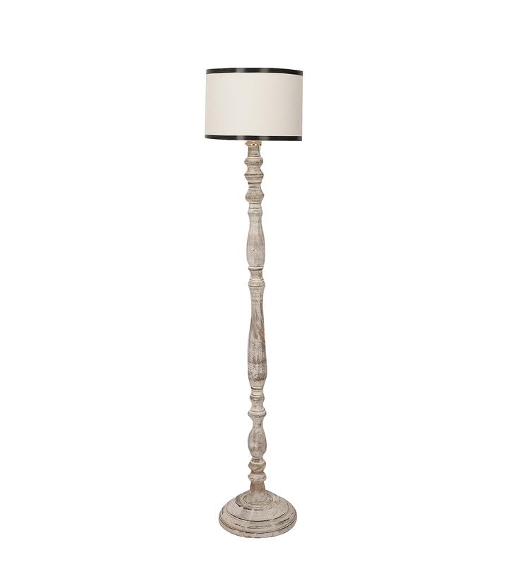 Image of tu casa Mango Wooden Floor Lamps with White Stripe Shade for Home Decor, Bedrooms Corner, Living Room, Gifting, Diwali Decoration, Hall, Office, Study Room (Height: - 56 inch) - Bulb not Included