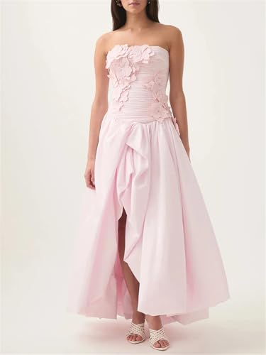 Women Solid Sweet Slimming Long Strapless Sleeveless Backless Spliced Appliques Irregular Dress3