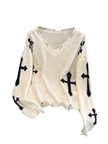 Verdusa Women's Cross Graphic Ripped Sweater V Neck Long Sleeve Drop Shoulder Casual Pullovers White Medium