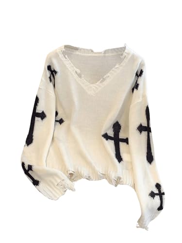 WDIRARA Women's Gothic Cross Graphic V Neck Sweater Distressed Raw Hem Pullover Y2k Going Out Knit Top
